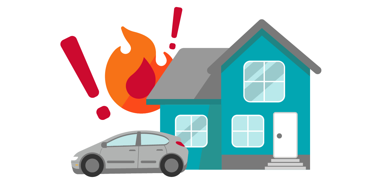 Graphic of a blue house on fire with a gray car parked in front. 